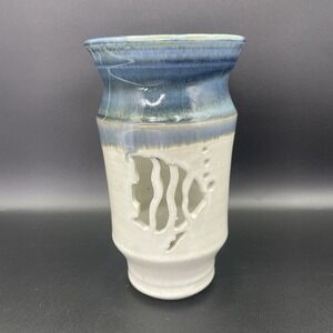 Art Pottery Blue Beige Luminary Vase Cut Out Fish Design Coastal Cottage Beach